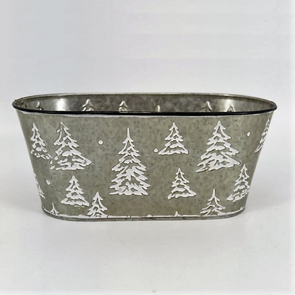 AI-GA3405-1057_Q01 Oval White Trees On Silver Metal Planter