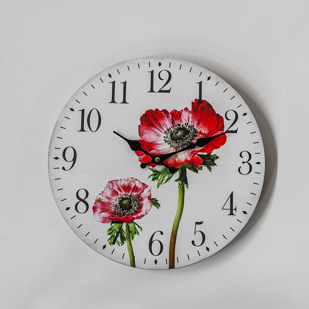 FP-MIN-401 Red Poppies On White With Black Numbers Wall Clock