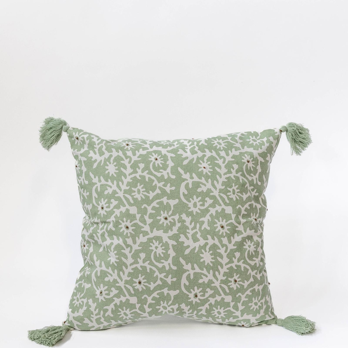 FP-IMT-235_Q01 Green With White Floral Pattern And Green Tassels Cushion Cover