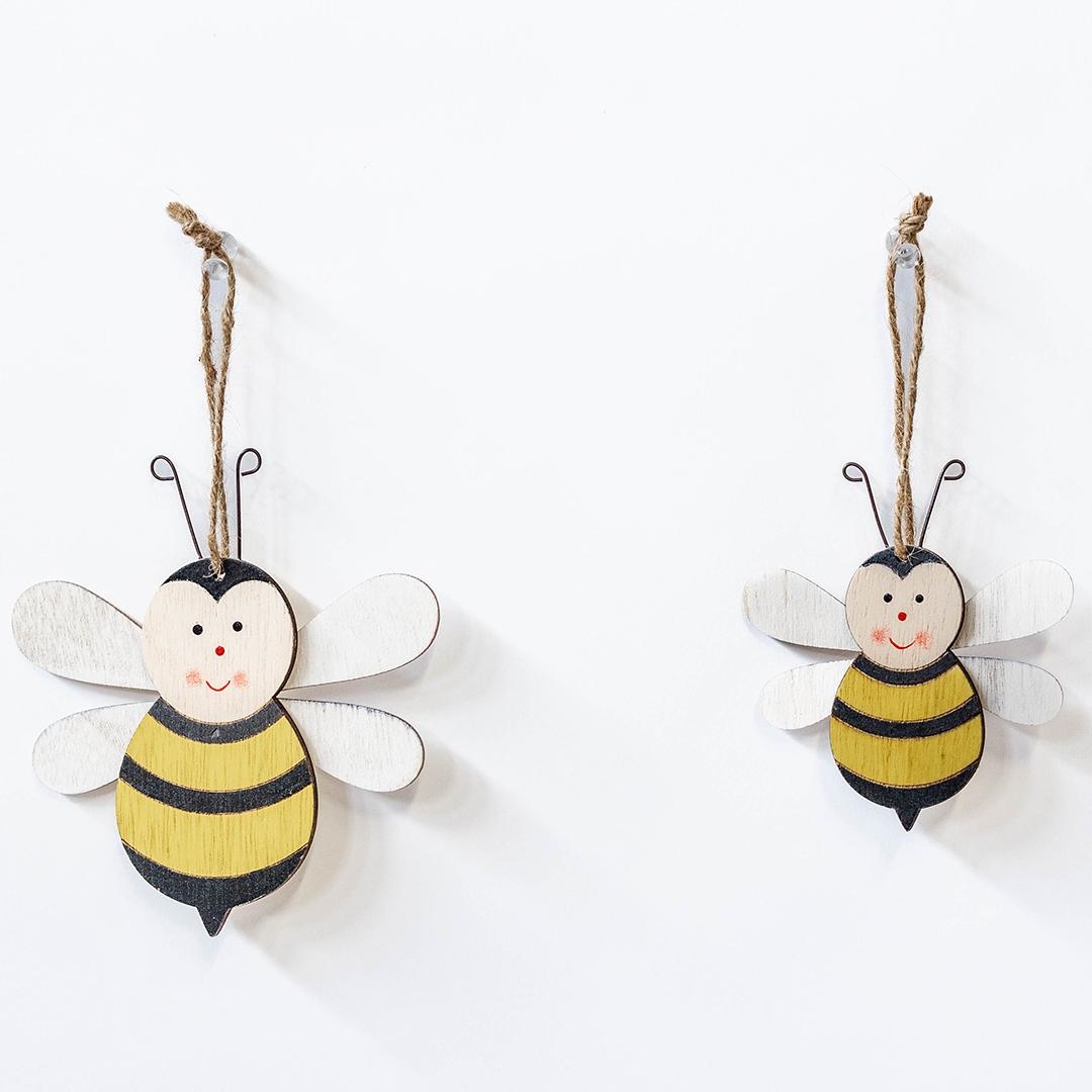 FP-HUS-446 Set Of 2 Hanging Wooden Bees Decorations