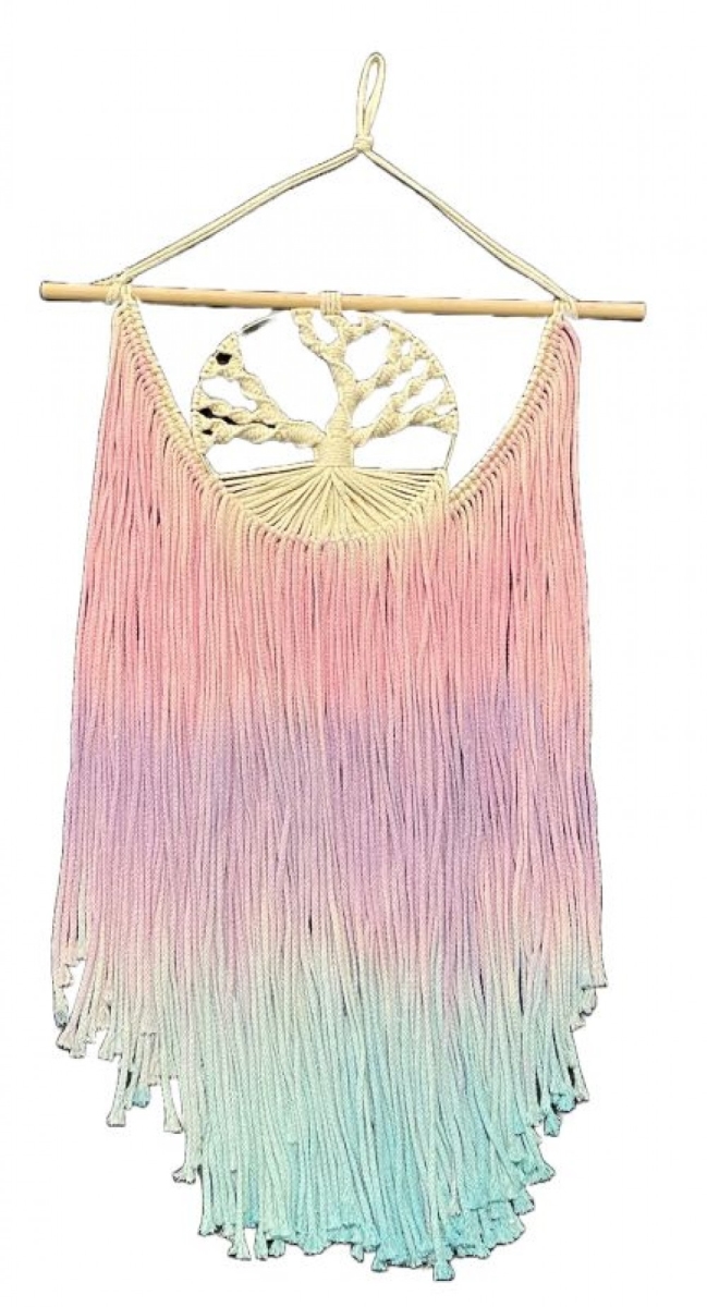 SC-106.55.446 Tree Of Life With Pink And Blue Fringes Macrame Wall Decor