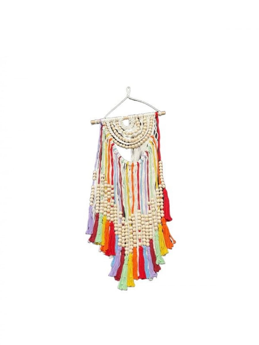 SC-106.64.465 Rainbow Colored Tasels With White Beads Macrame Wall Decor