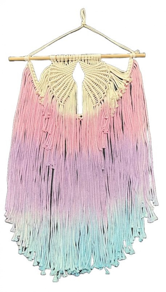 SC-106.55.444 White,Pink And Blue Fringed Macrame Wall Decor