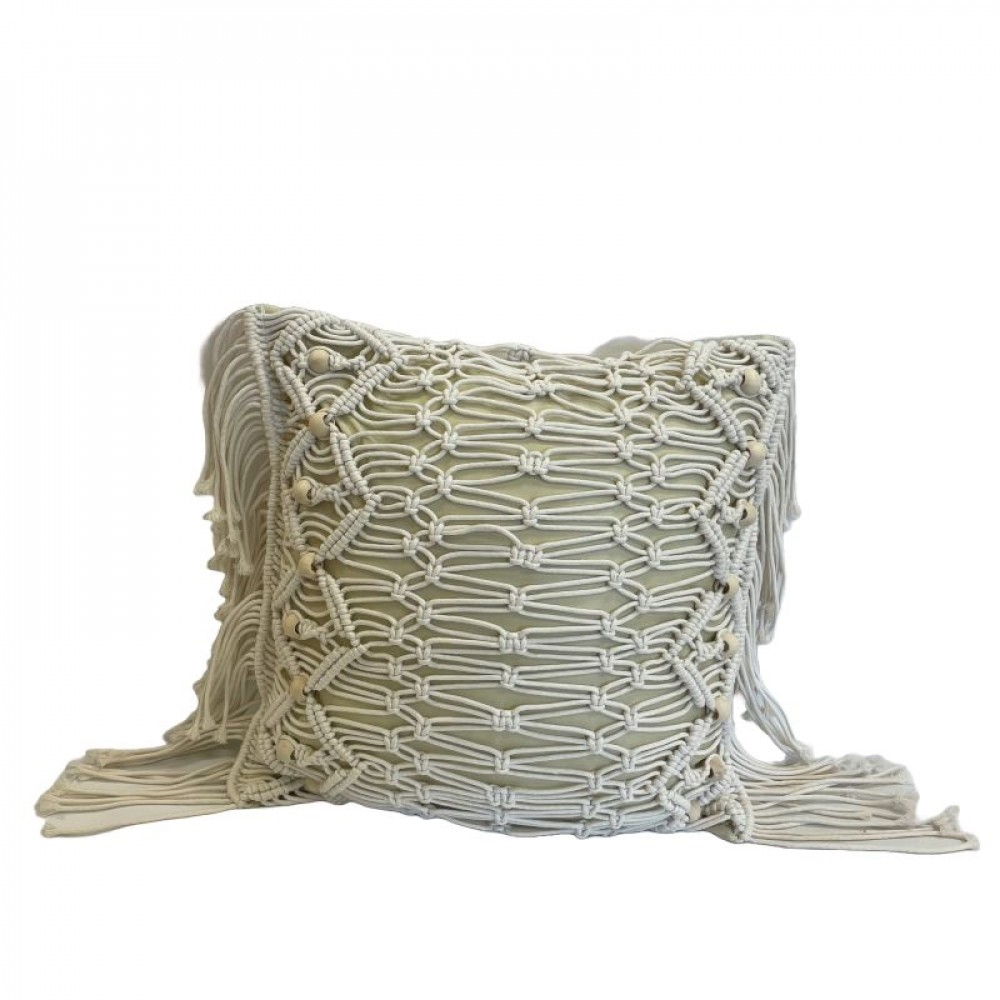 SC-106.58.455 Beige With Macrame, Beads And Fringe Detals Pillow