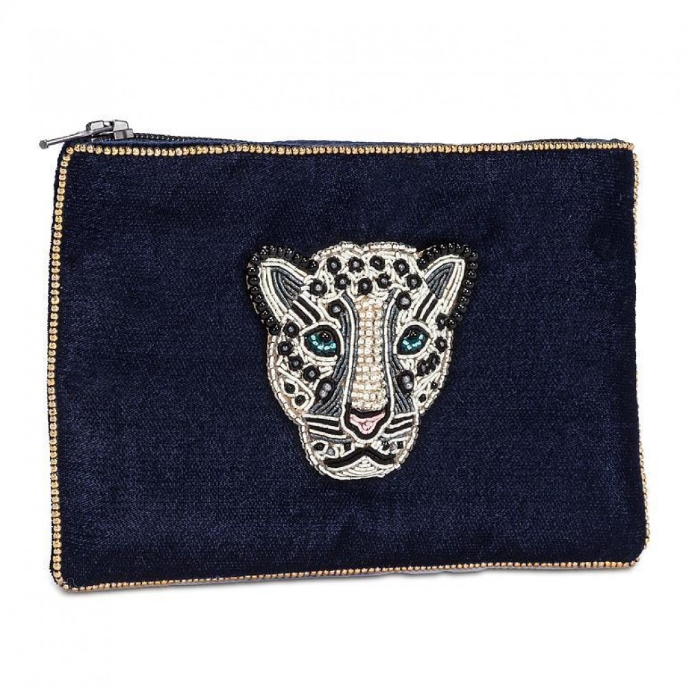 Picture of MDR Trading Inc. AB-90-ROYALE-01-LEOPARD Navy Blue Velvet With 3D Beaded Leopard Pouch