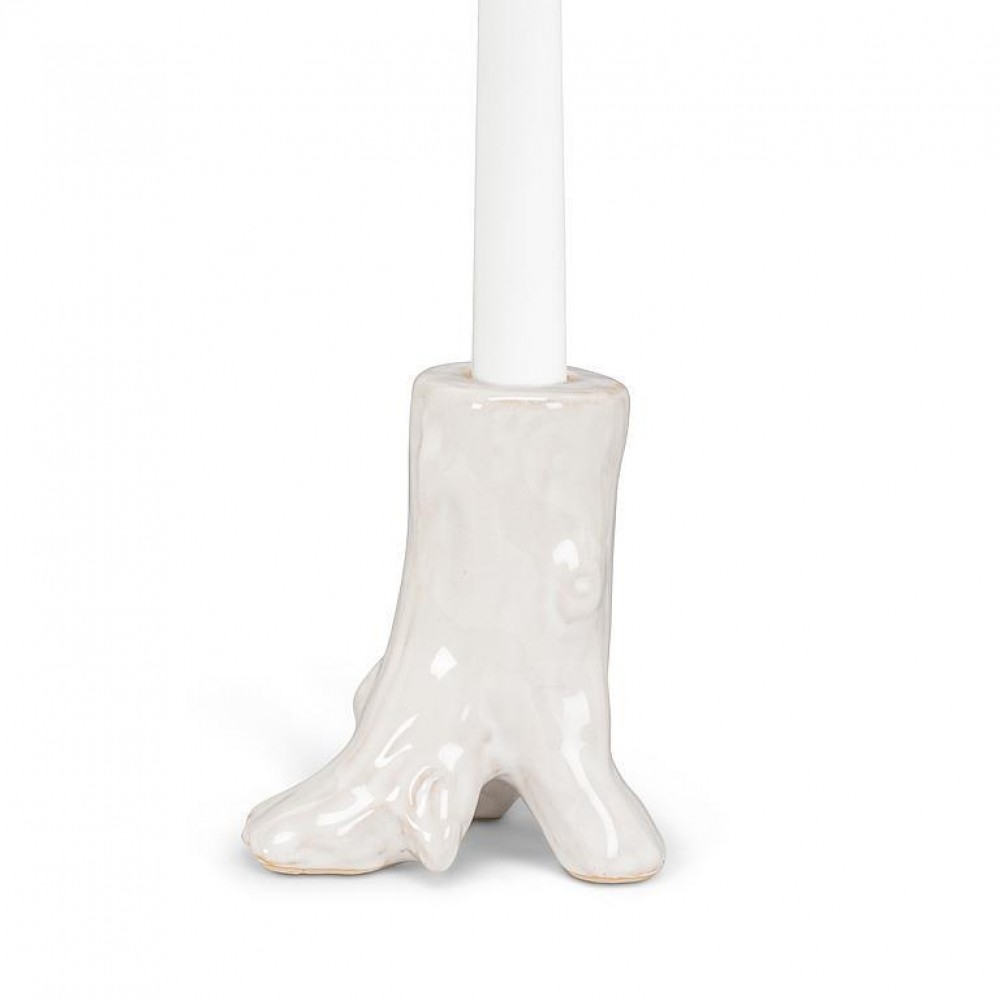 Rustic Ceramic Small Trunk Taper Candle Holder - White - 4.25 in - Sturdy Base