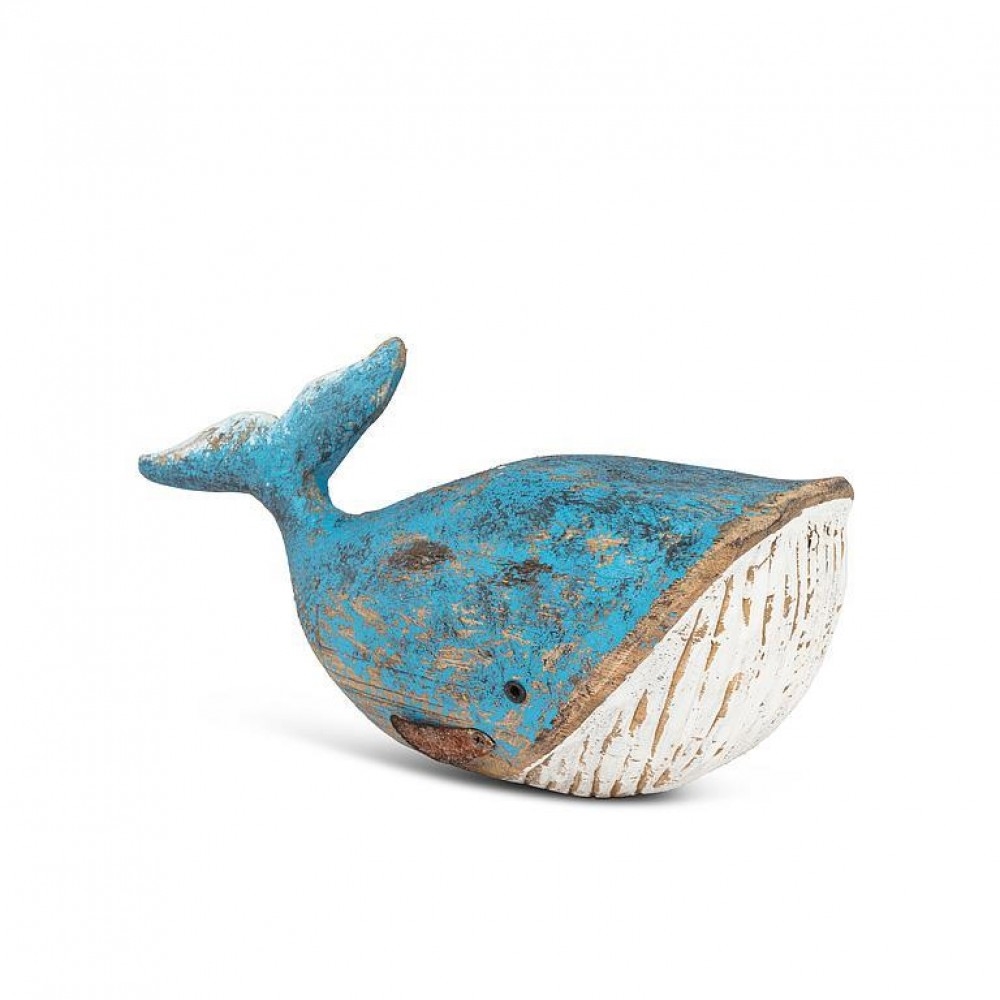 Blue Carved Whale Figurine - Rustic Blue - Small - Unique Nautical Accent