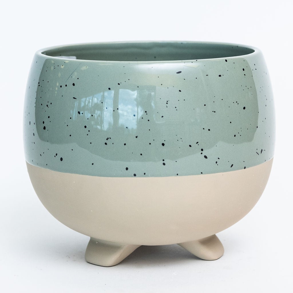 AI-CE10-144_Q01 Specked Aqua Green With Beige Footed Base Planter