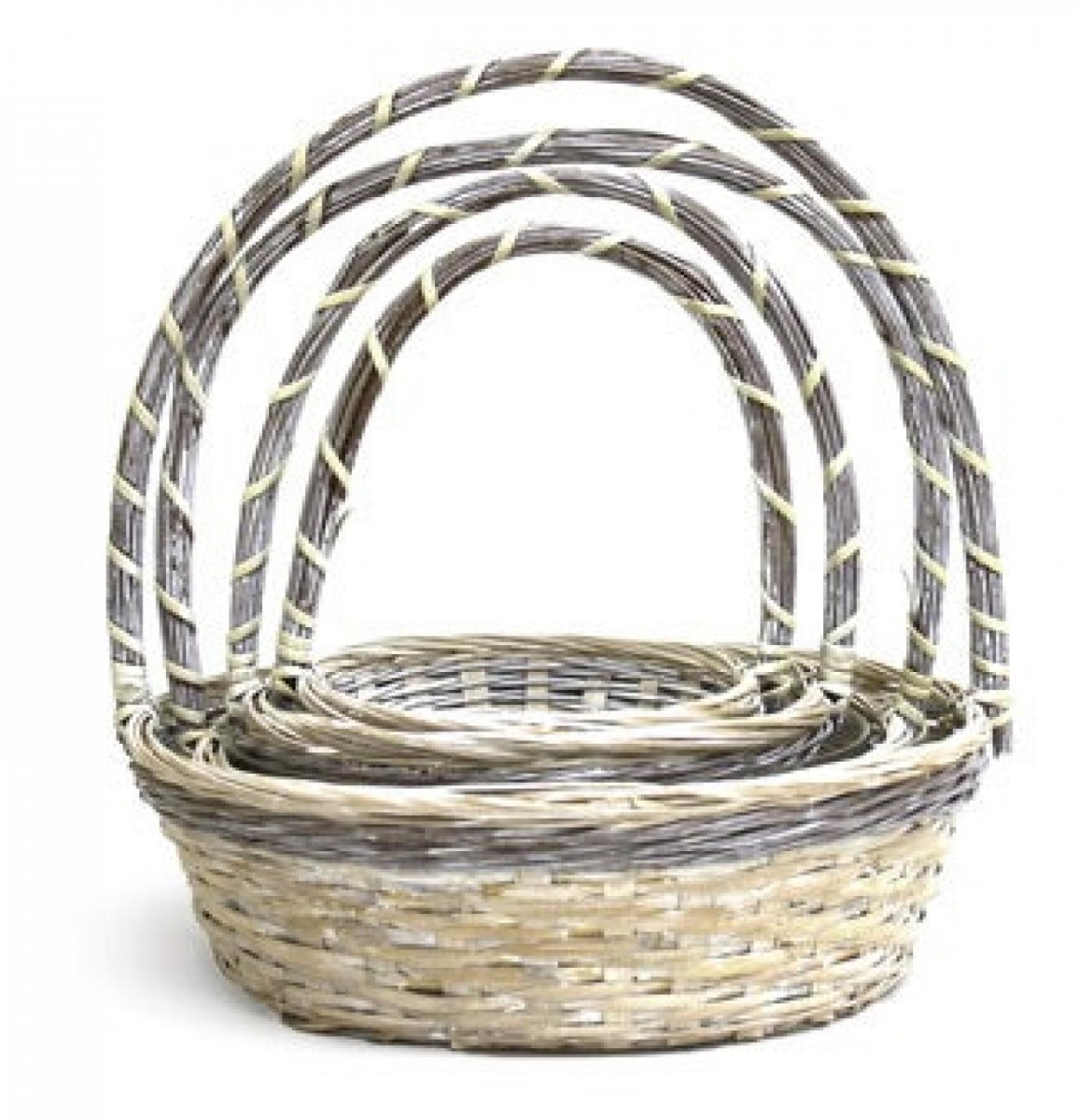 AI-4050WW Set Of 3 Long Handled White Washed Bamboo Baskets
