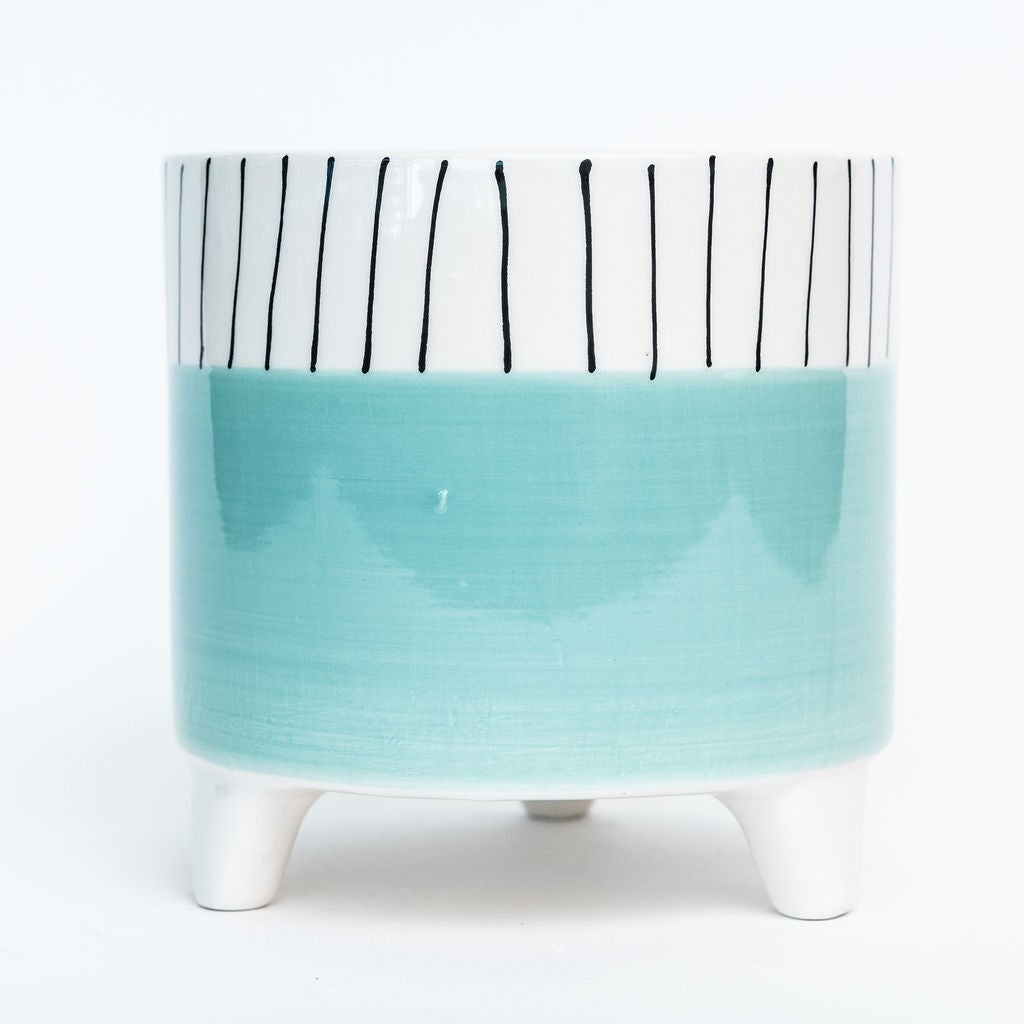 Footed Aqua Blue With White And Black Stripes Planter