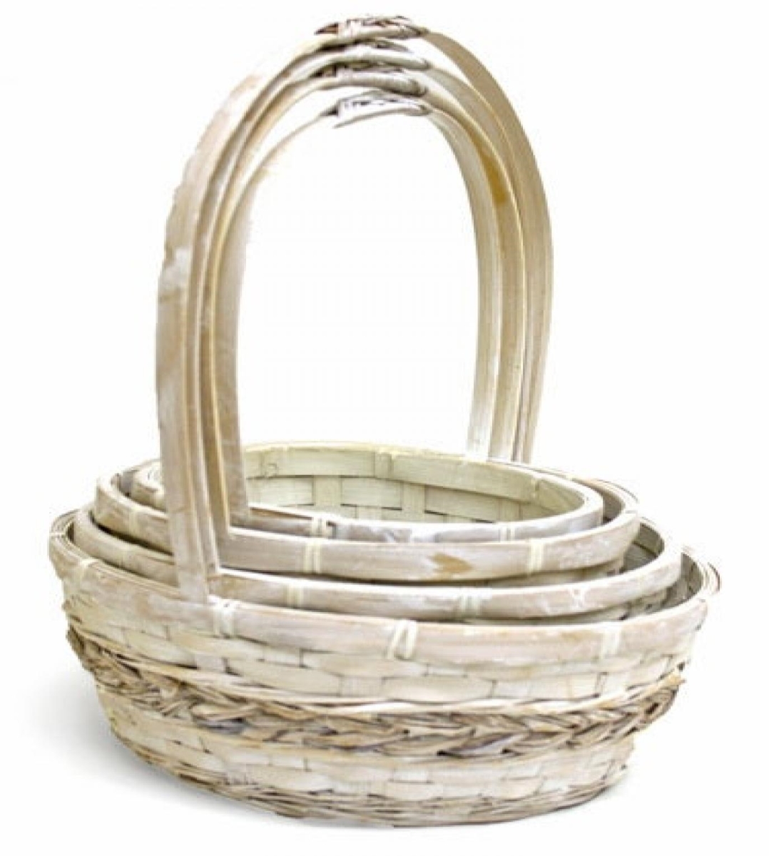 AI-4235WW Set Of 4 Whitewashed Long Handled Bamboo Baskets