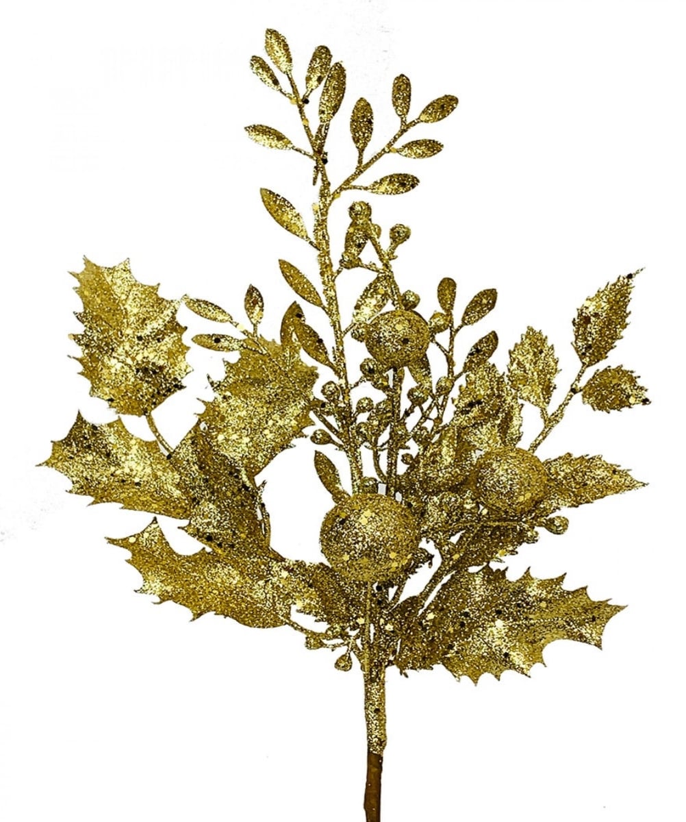 AI-PI3161GLD_Q01 Gold Glitter Holly Leaves And Ornaments Pick