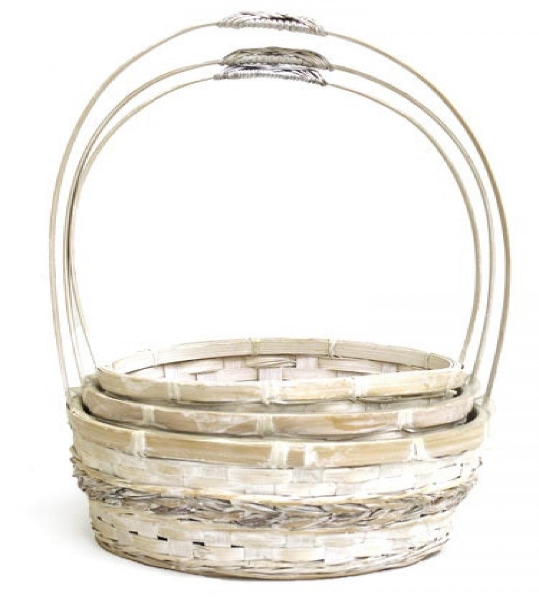 AI-4030WW Set Of 3 White Washed Long Handled Bamboo Baskets