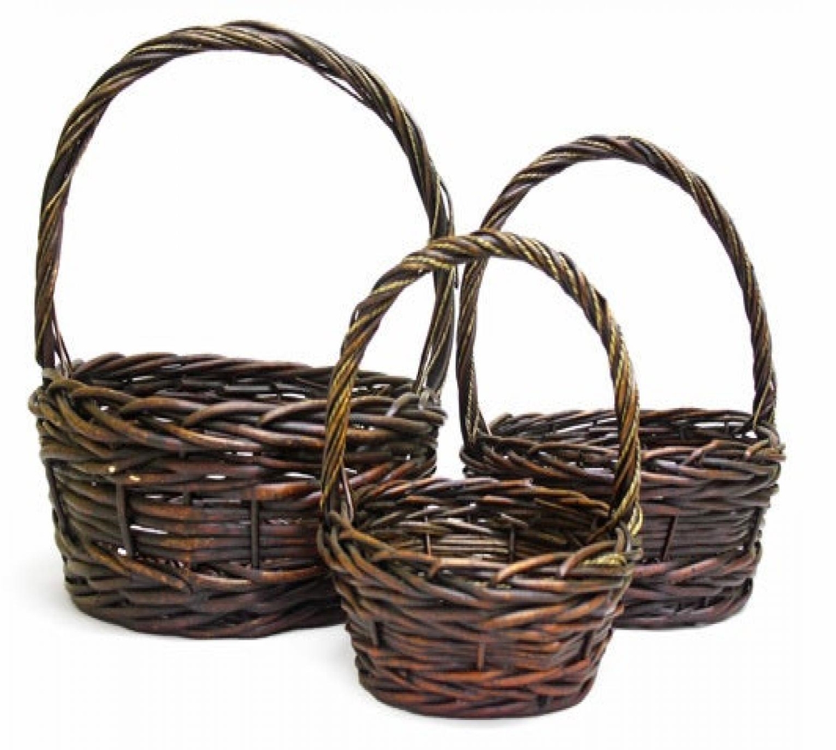 AI-4065MAH Set Of 3 Round Mahogany Colored Long Handled Baskets