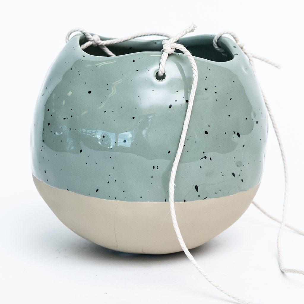 Speckled Sage Green And Beige Hanging Planter