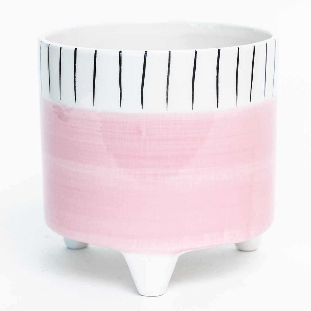 AI-CE10-120_Q01 Footed Pink With White And Black Stripes Planter