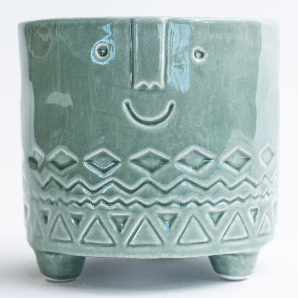 Aqua Green Friendly Face Footed Planter