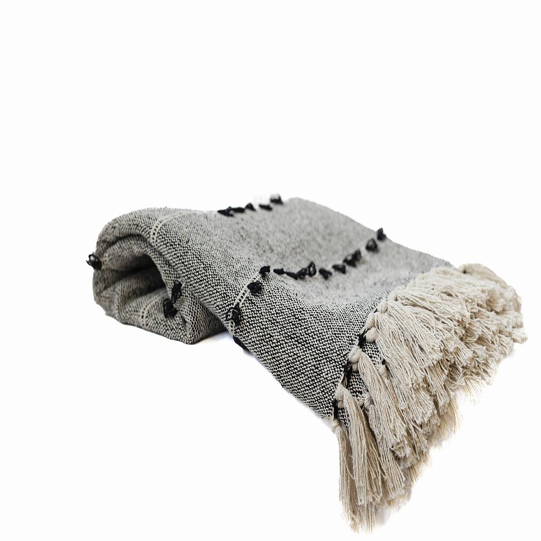 Beige And Black With Loops And Subtle Stripes And Tassels Throw