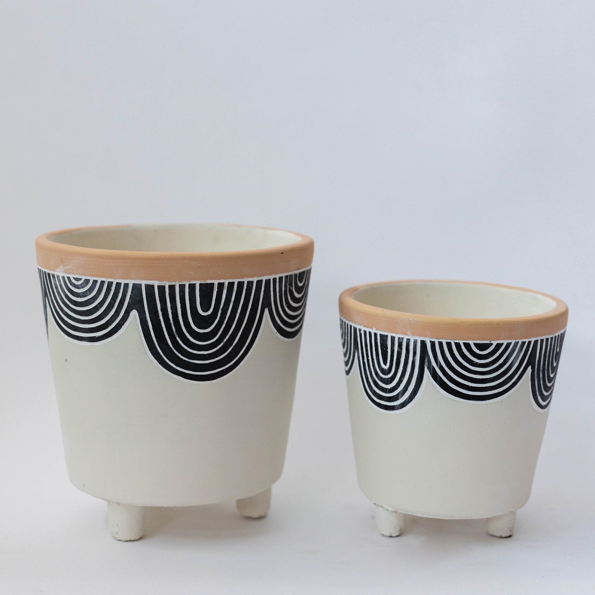 FP-CNP-224 Set Of 2 Antique White With Brick Orange Trim And Navy Blue Lines Footed Planters