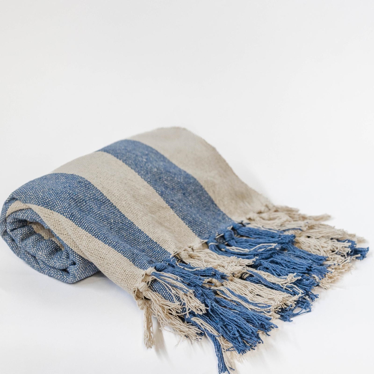FP-IMT-003_Q01 Beige And Blue Striped Cotton Throw