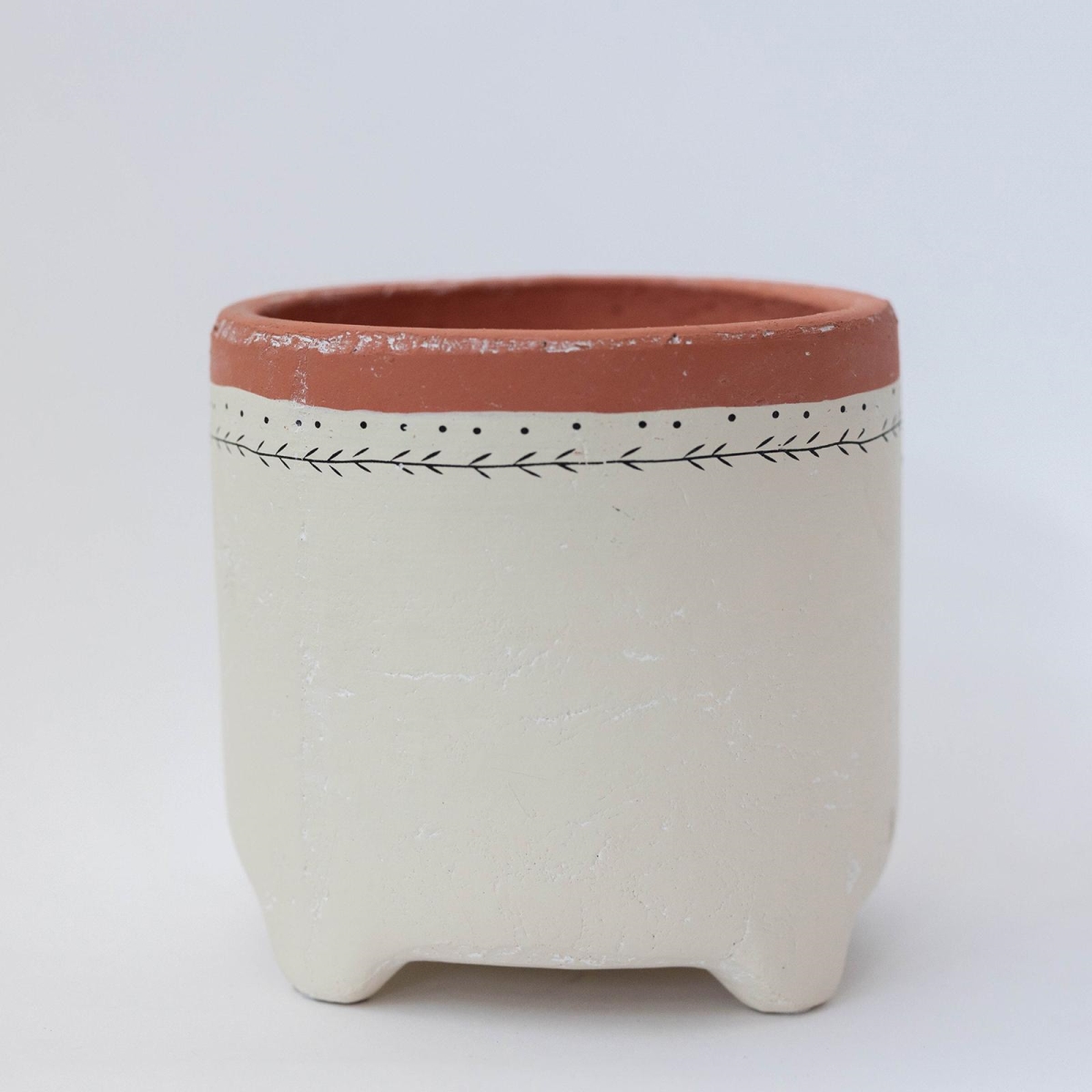 FP-CNP-211-L_Q01 Beige With Lines And Dots And Orange Trim Footed Planter