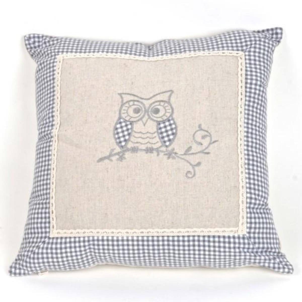 FP-FBPC-003-OW_Q01 Beige With Blue And White Check Accents And Owl Cushion Cover