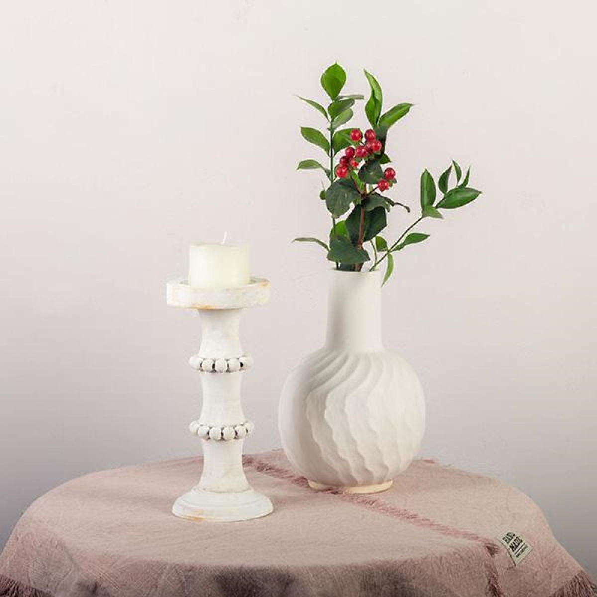 FP-WEN-14498-06_Q01 Washed White Wood With Beads Column Candle Holder