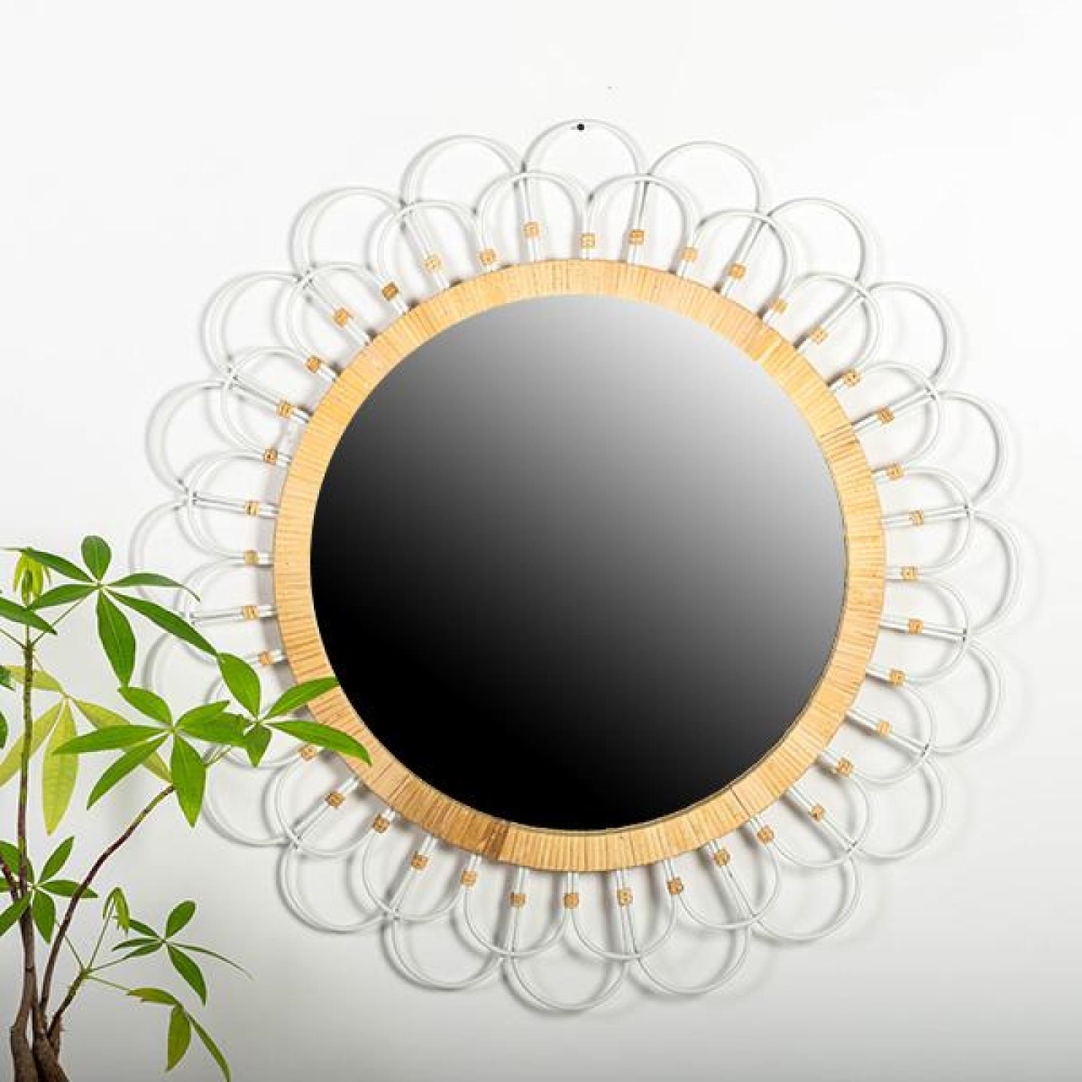 Rattan Frame With Metal Daisy Petals Round Wall Mirror