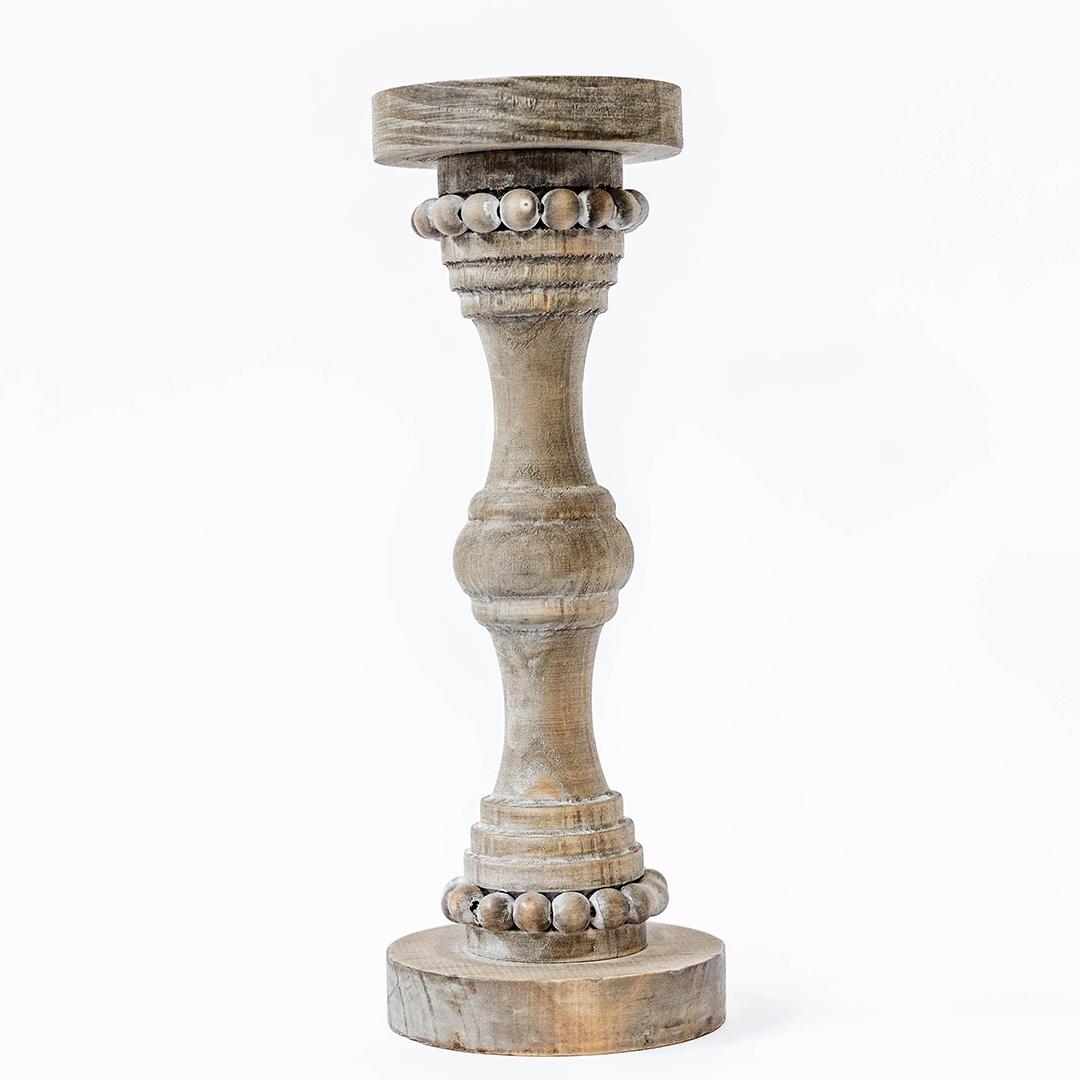 FP-WEN-14498-10_Q01 Washed White Wood With Beads Pillar Candle Holder