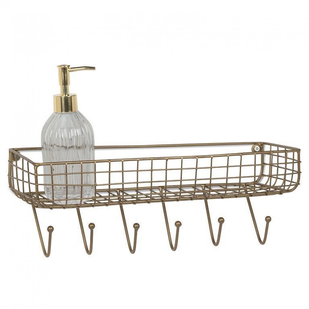 Dark Antique Brass Color With 6 Hooks Metal Wall Shelf