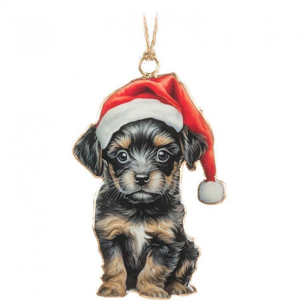 Puppy With Santa Hat Ornament - Multi - 4 in - Metal - Festive Design