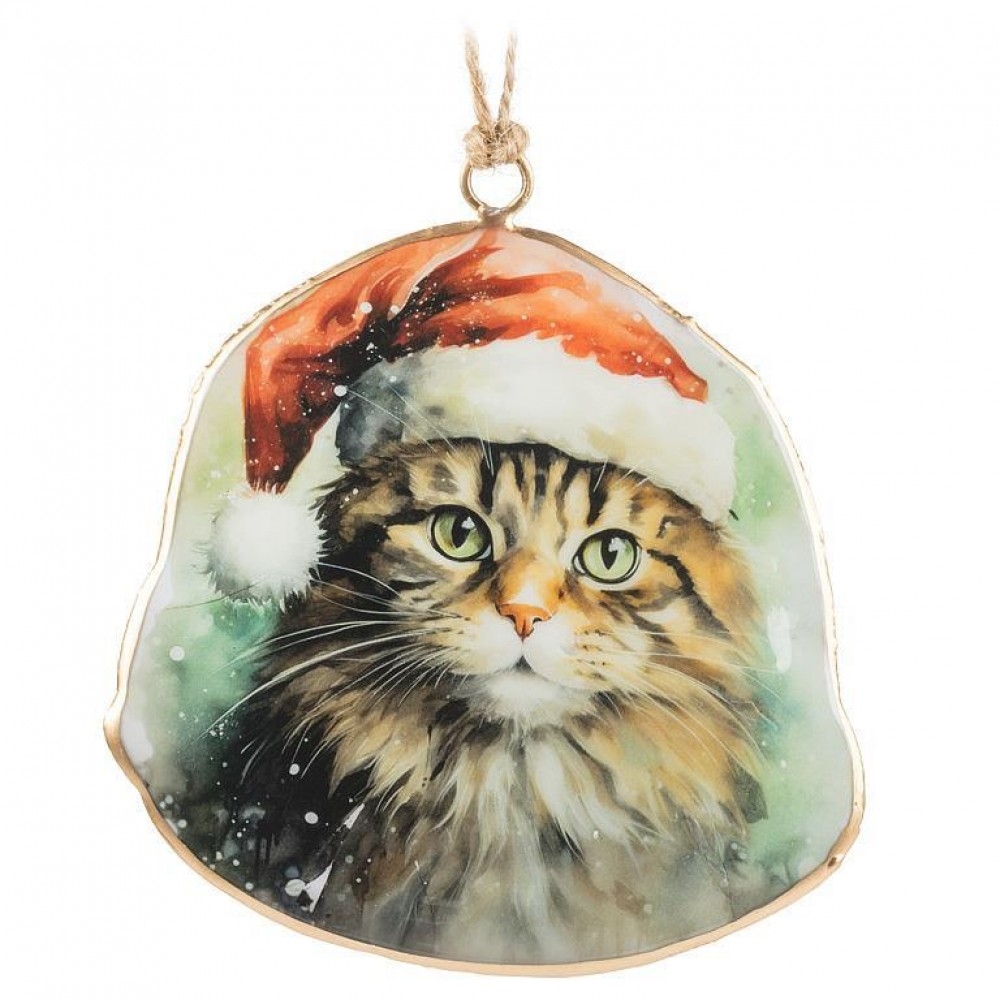 Cat With Santa Hat Ornament - Multi - 4 x 4 in - Metal