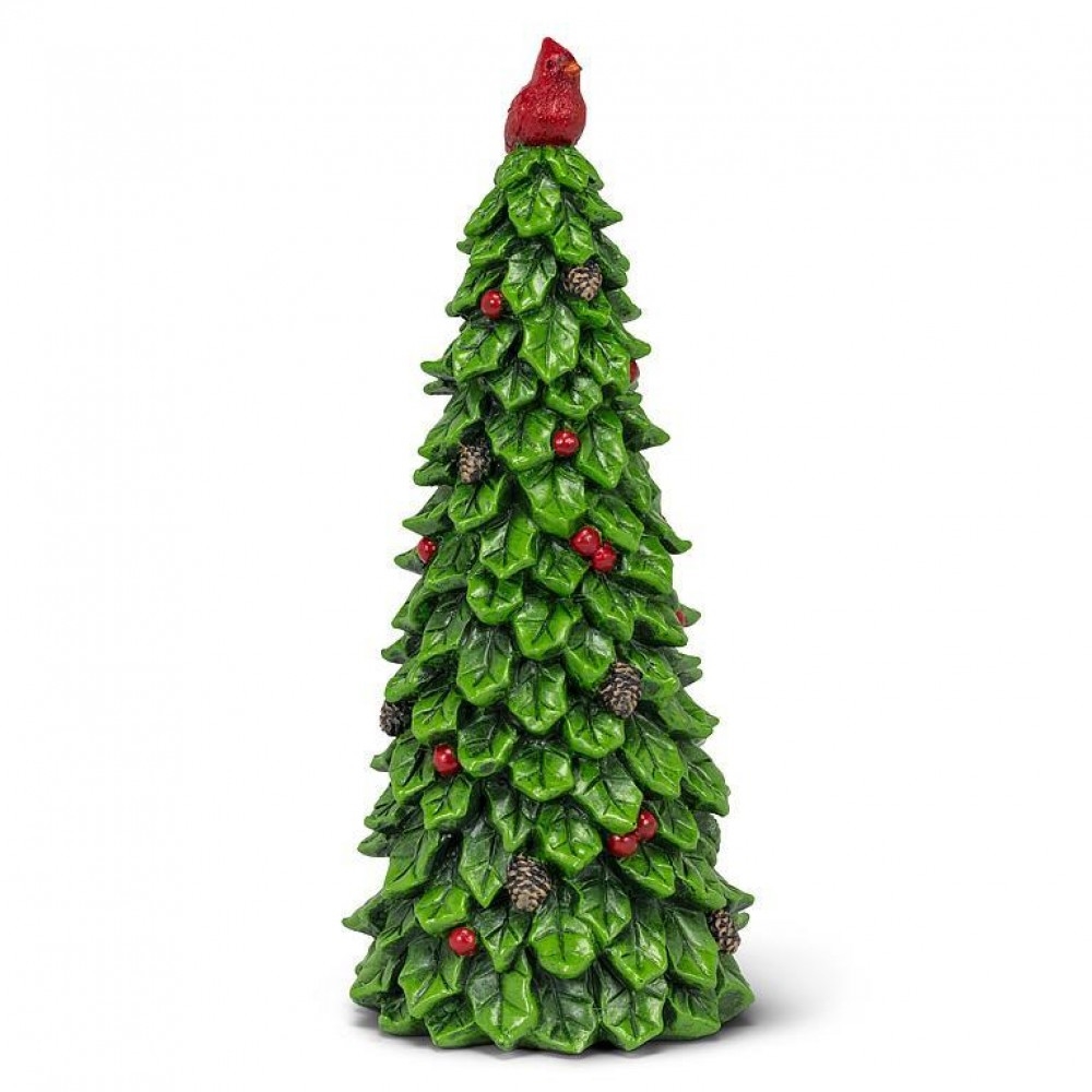 AB-27-NORTHERN-012 Holly Leaf Tree With Pine Cones And A Cardinal Topper Figurine
