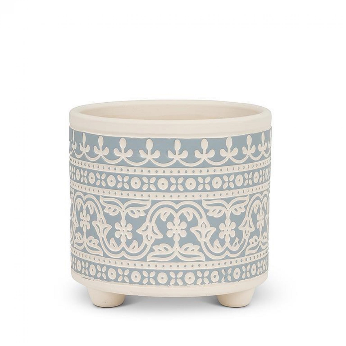 UNBT-01012 Stencil Pattern Footed Planter - Blue & Ivory