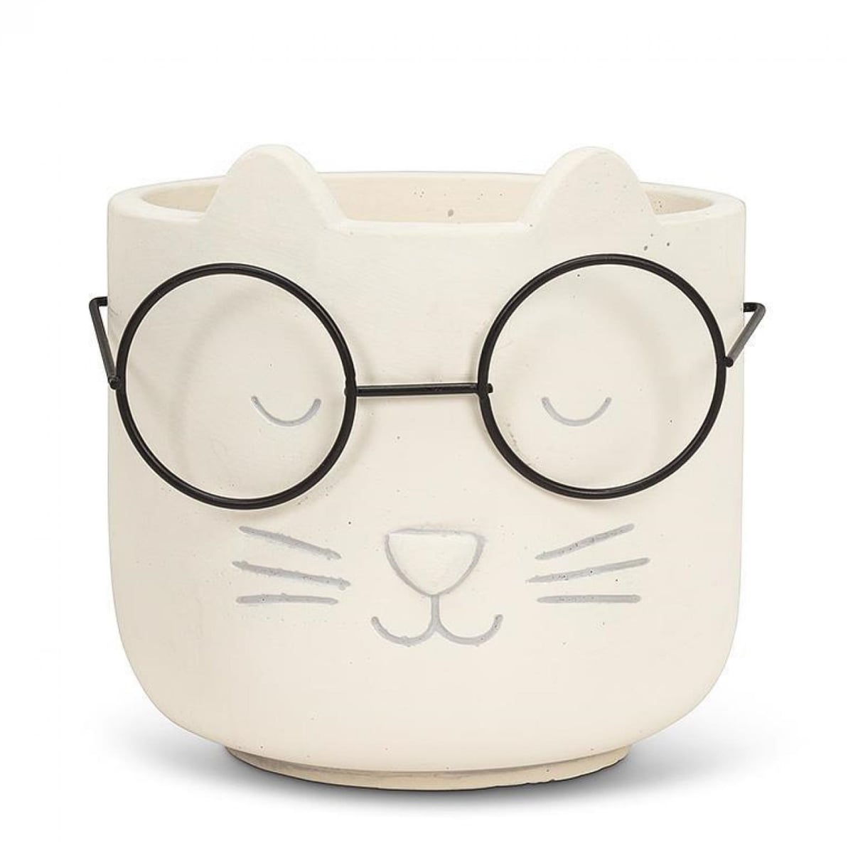 UNBT-00183 Cat Face Wearing Glasses Planter - Ivory & Black