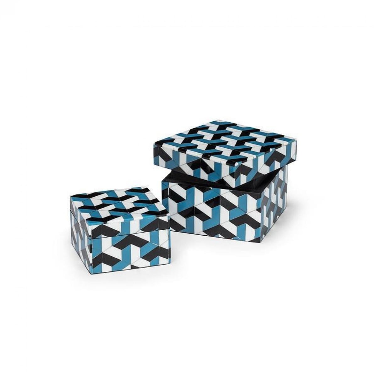 UNBT-00836 Square Mosaic Boxes - Blue, White & Black - Set of 2