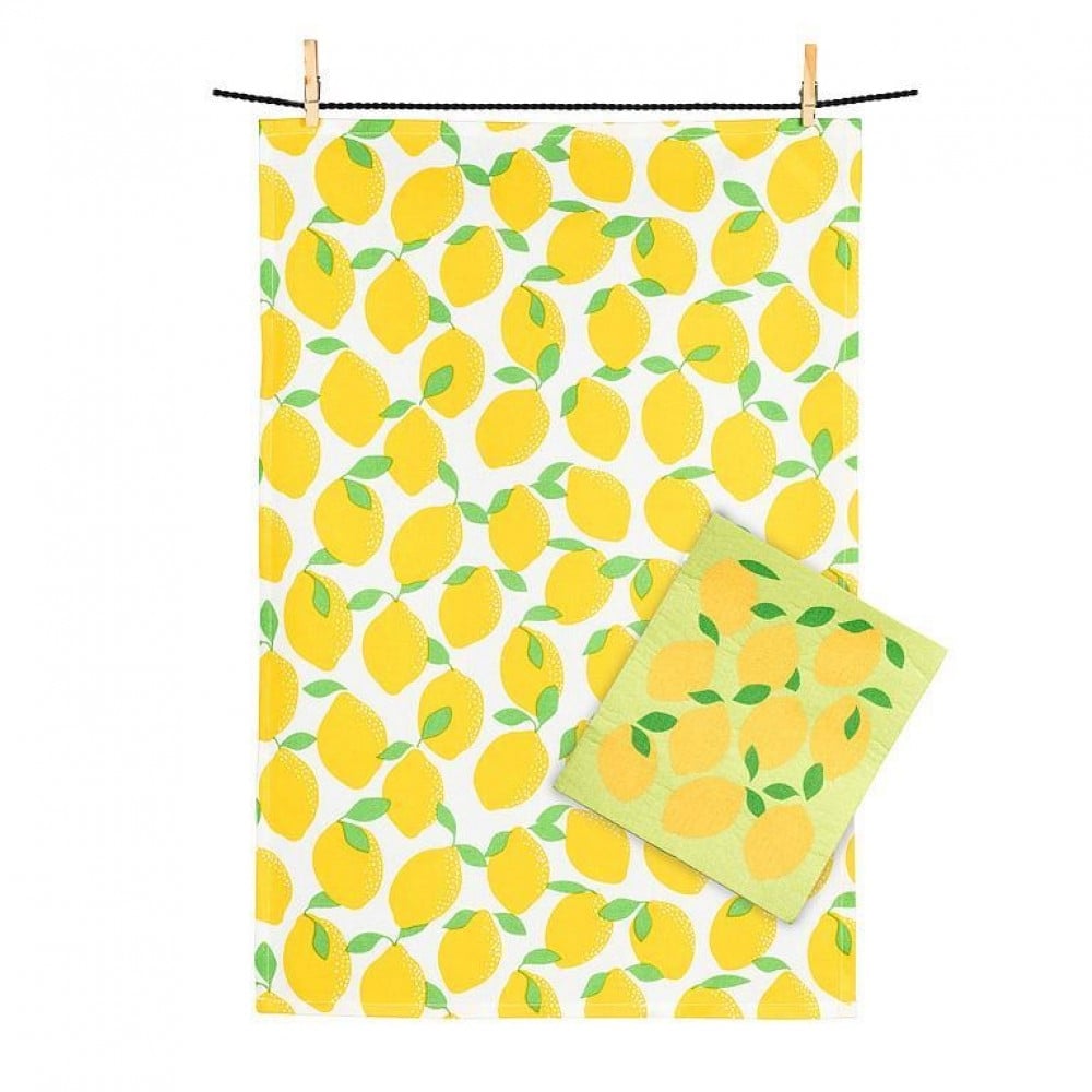 UNBT-00509 Lemons & Kitchen Towel Set - Yellow, Green & White