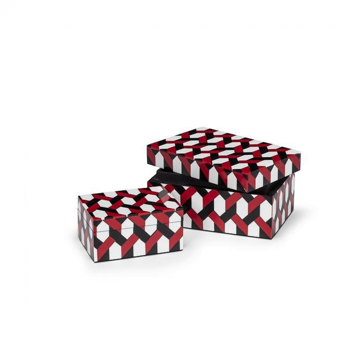 UNBT-00719 Rectangular Geometric Chain Patterned Decorative Boxes - Red, White & Black
