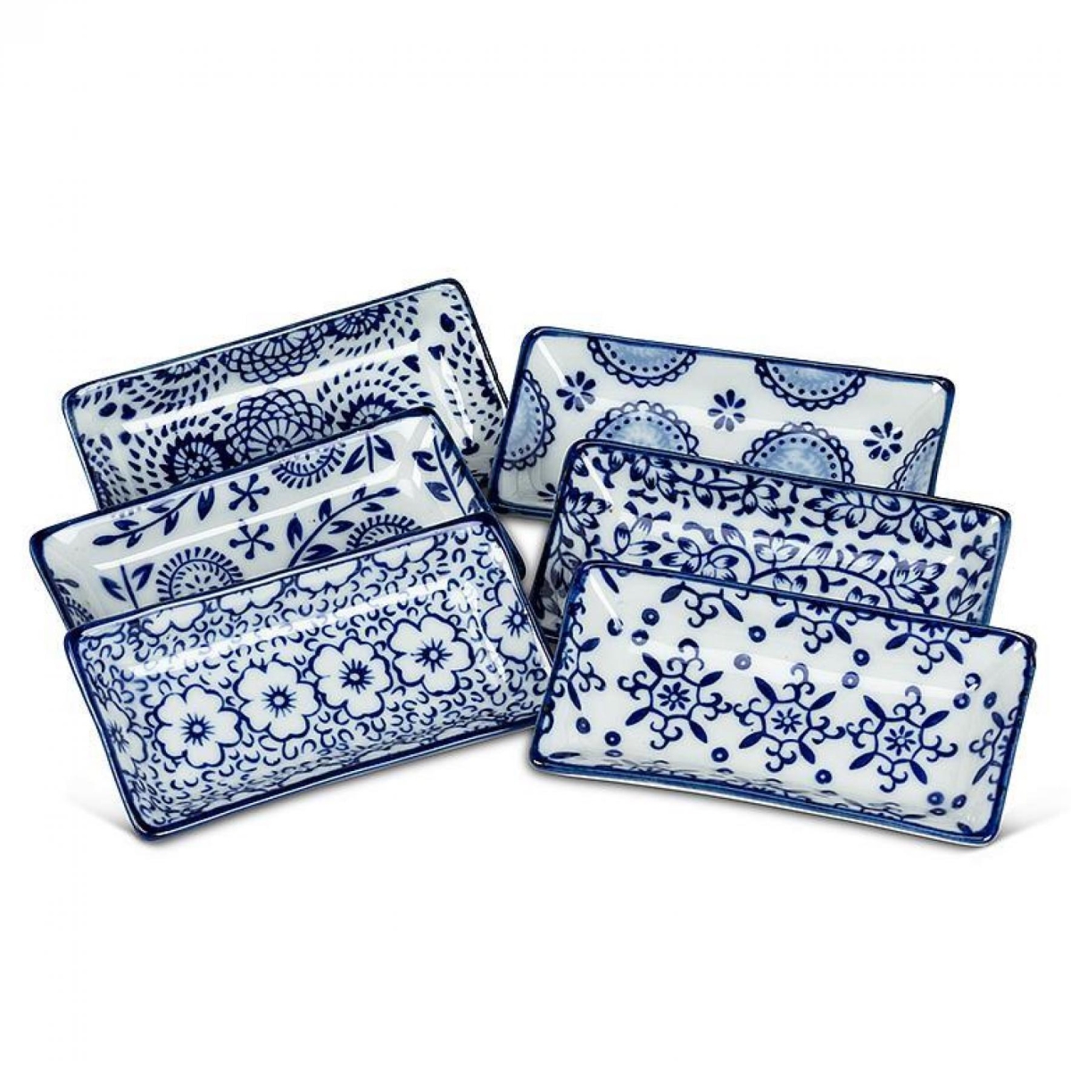 UNBT-00921 Assorted Patterned Rectangle Dish - Blue & White - Set of 6