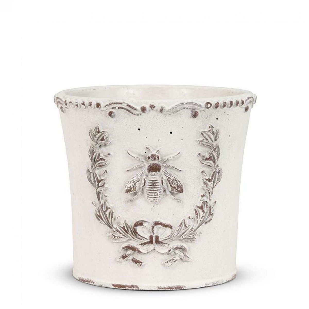 UNBT-00037 Emboss Bee in Crest Planter - Antique White