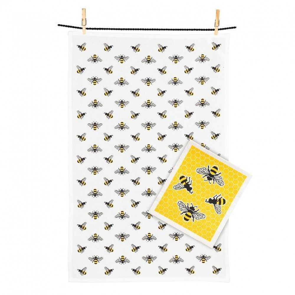 UNBT-00080 Bees & Kitchen Towel Set - White, Yellow & Black