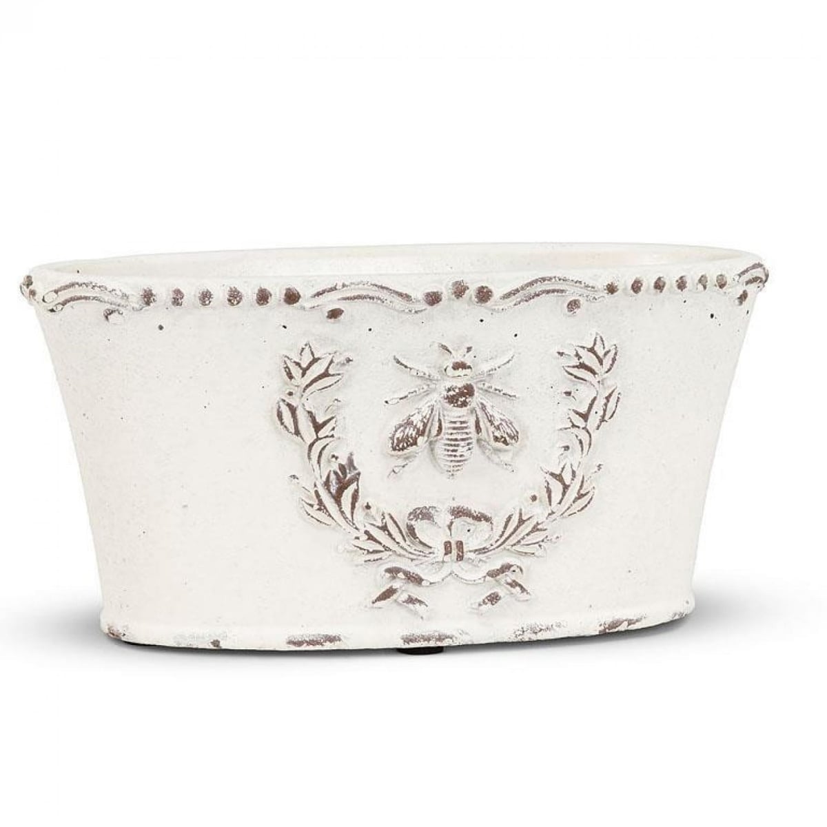 UNBT-00038 Oval Embossed Bee in Crest Planter - Antique White
