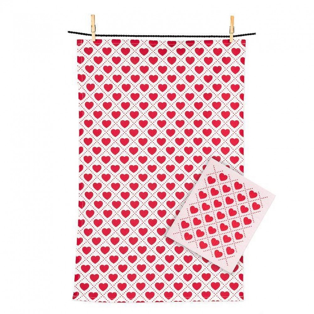 UNBT-00420 Hearts & Kitchen Towel Set - Red, White & Pink
