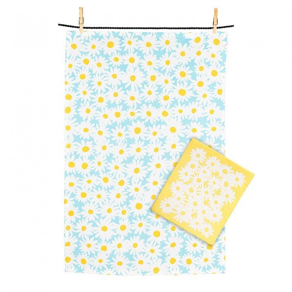 UNBT-00253 Daisies & Kitchen Towel Set - Blue, White & Yellow