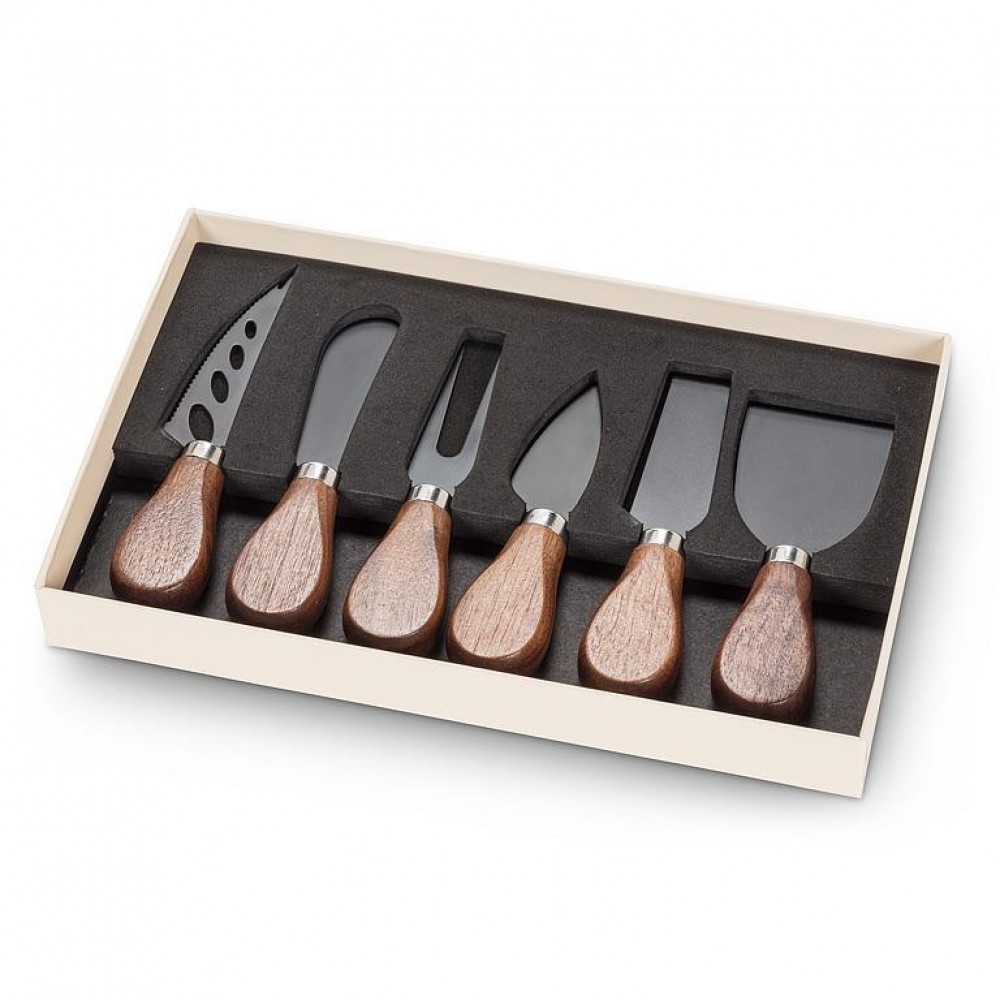 UNBT-00932 Wood Handled Cheese Tools - Brown & Black - Set of 6