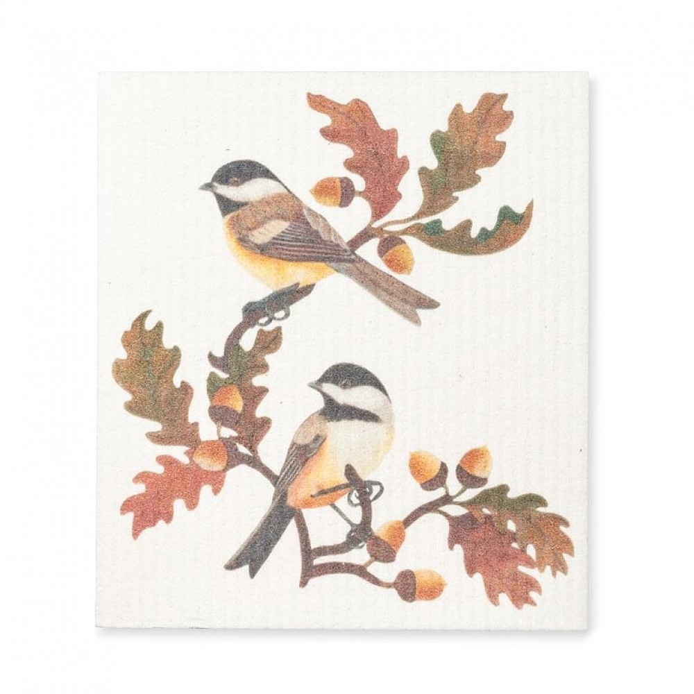 Picture of MDR Trading UNBT-00200 Chickadees & Oak Leaves Dishcloth - White & Brown