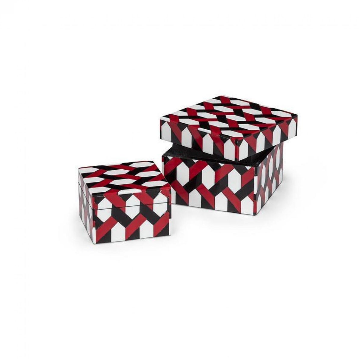 UNBT-00835 Square Geometric Chain Patterned Decorative Boxes - Red, White & Black - Set of 2