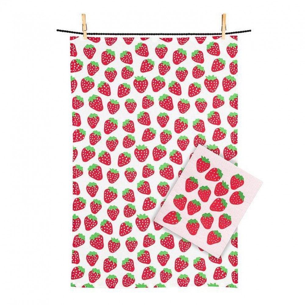 UNBT-01014 Strawberries & Kitchen Towel Set - Red, Green & White