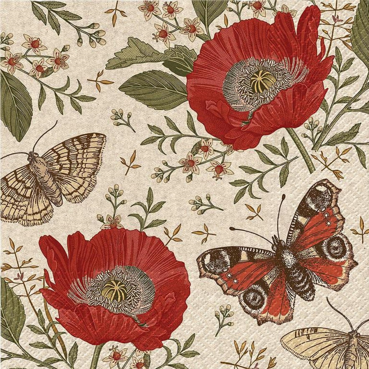 UNBT-00865 Luncheon We Care Butterflies & Poppies Napkins - Multi Color - Set of 20