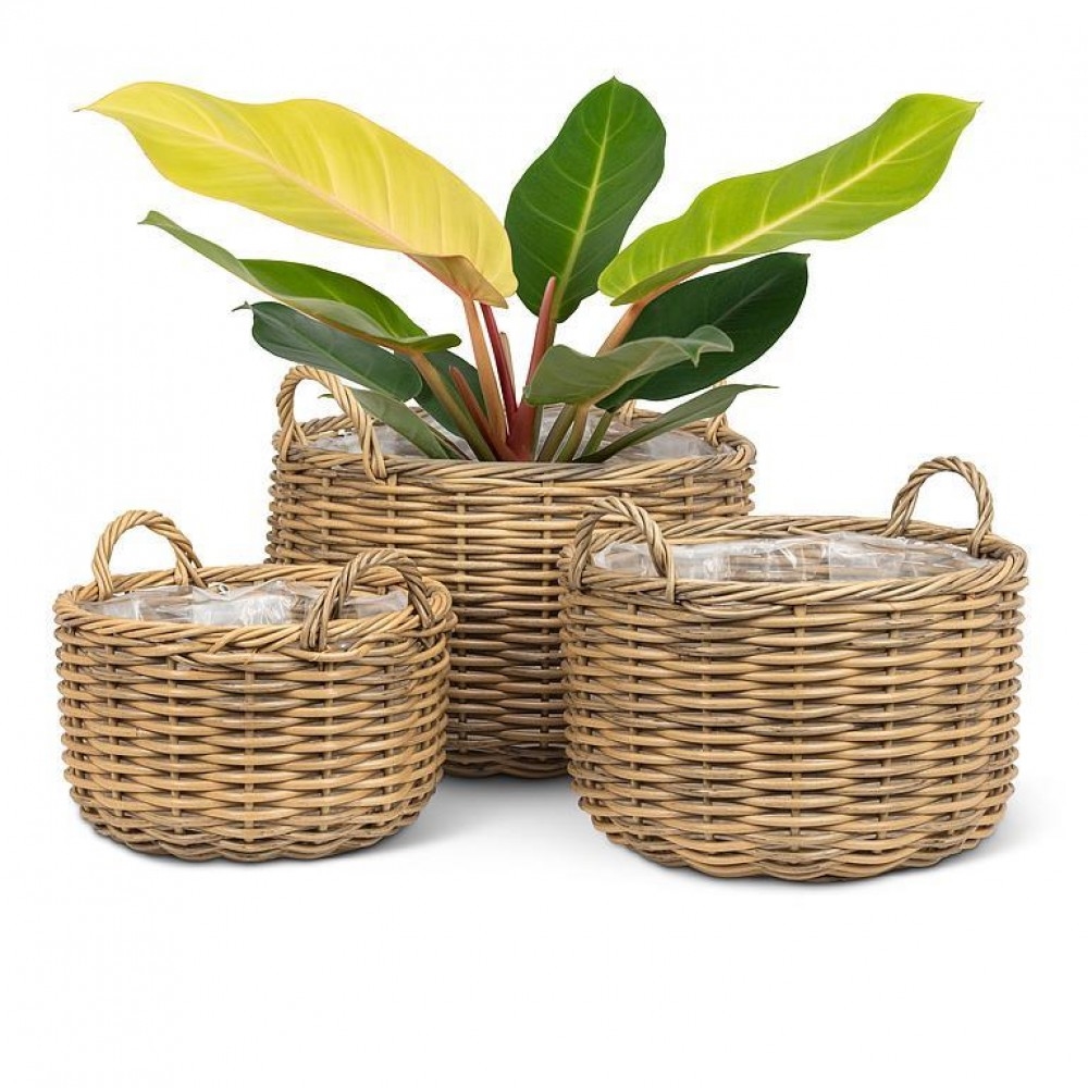 UNBT-00876 Nested Willow Look with Handle Baskets - Brown - Set of 3